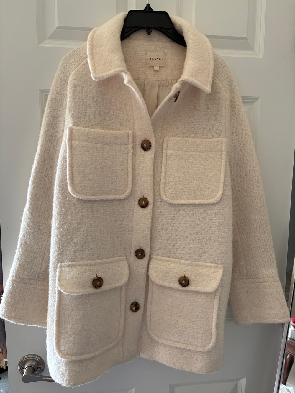 Sezane Cream Bouclé Pocket Pea Coat